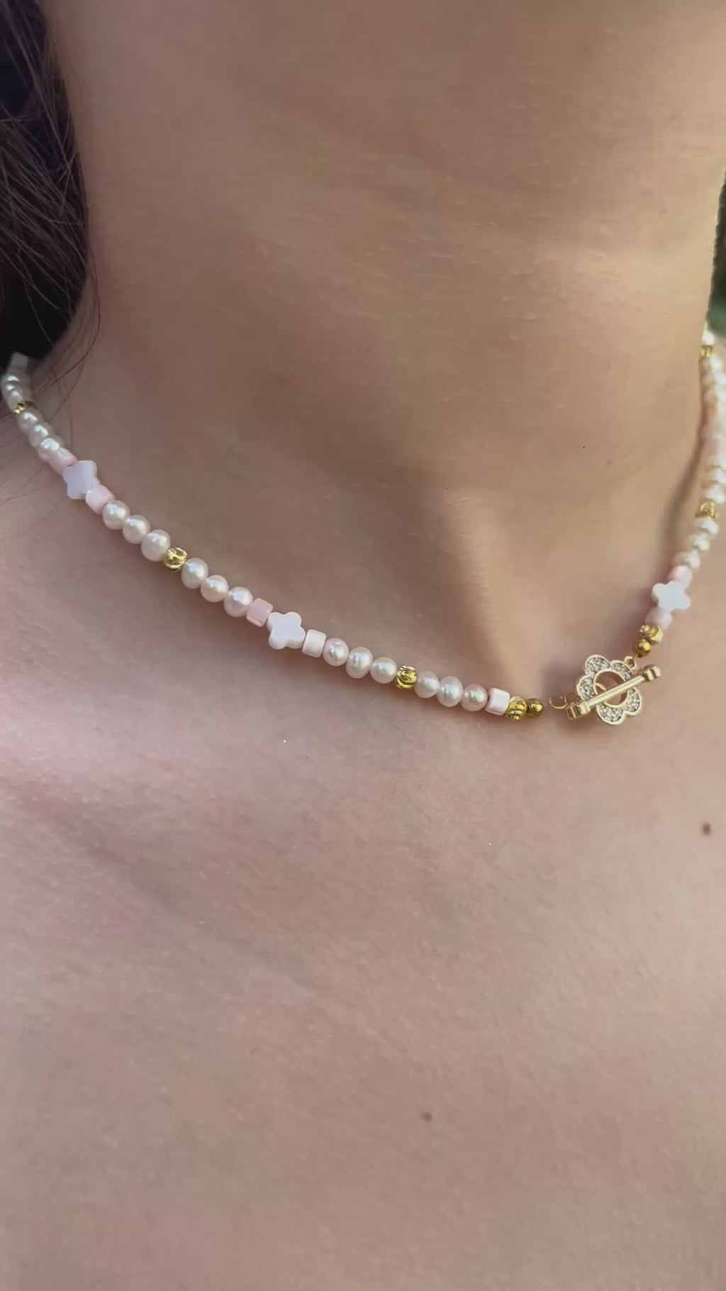 Freshwater Pearl & Shell Necklace with 18K Gold Plated Flower Toggle