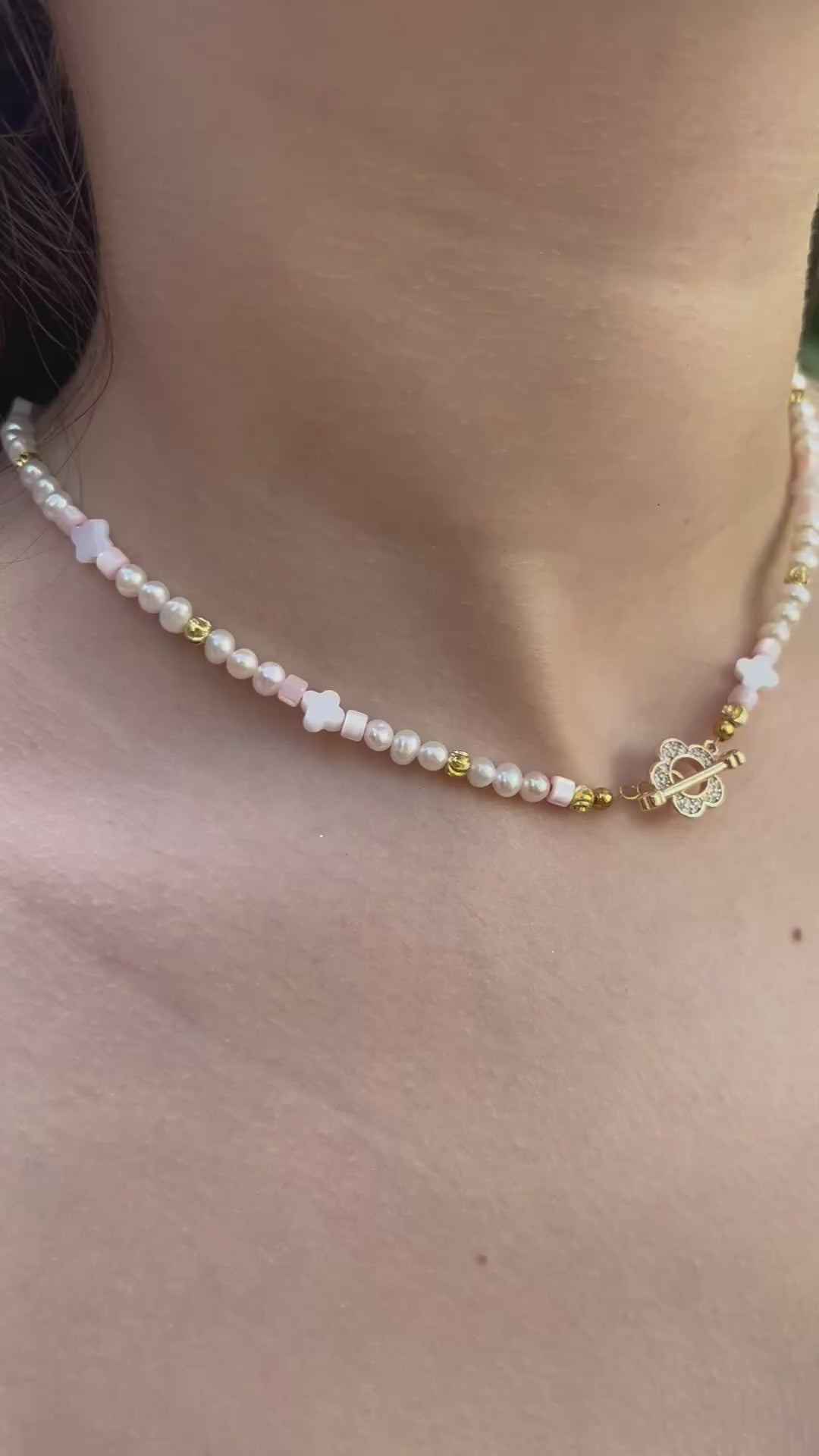 Freshwater Pearl & Shell Necklace with 18K Gold Plated Flower Toggle