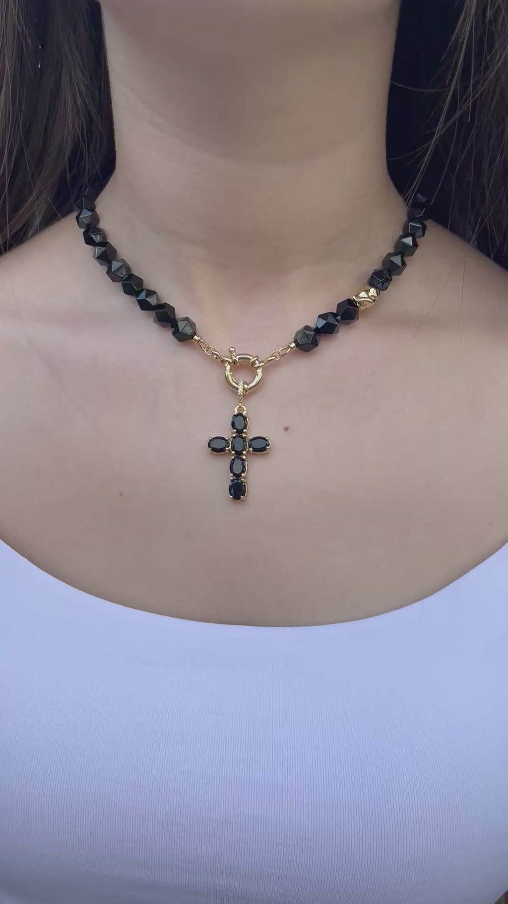 Natural Black Onyx Necklace with Gold Zirconia Cross