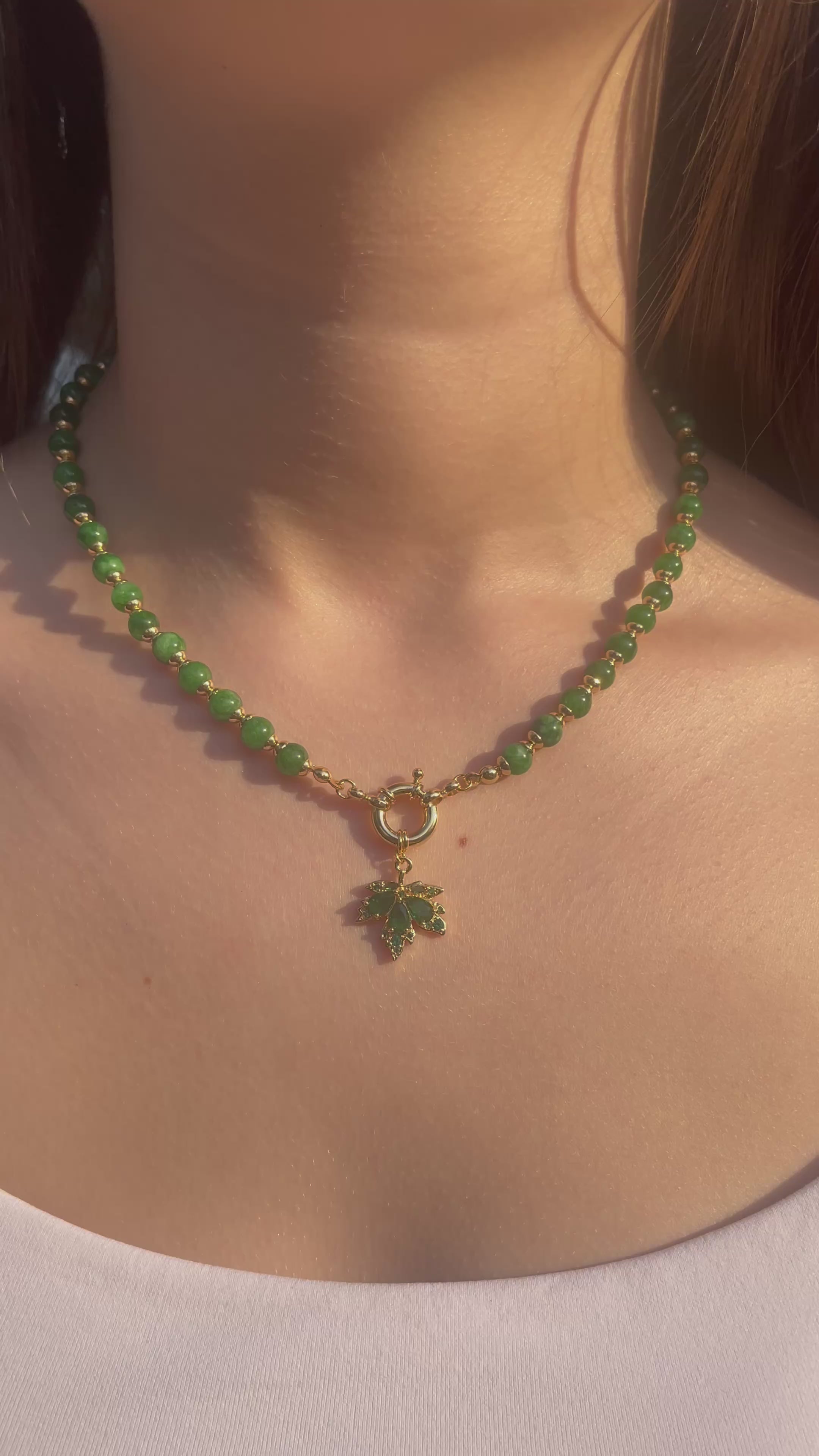 Natural Malaysia Jade Necklace with 18K Gold maple leaf pendant