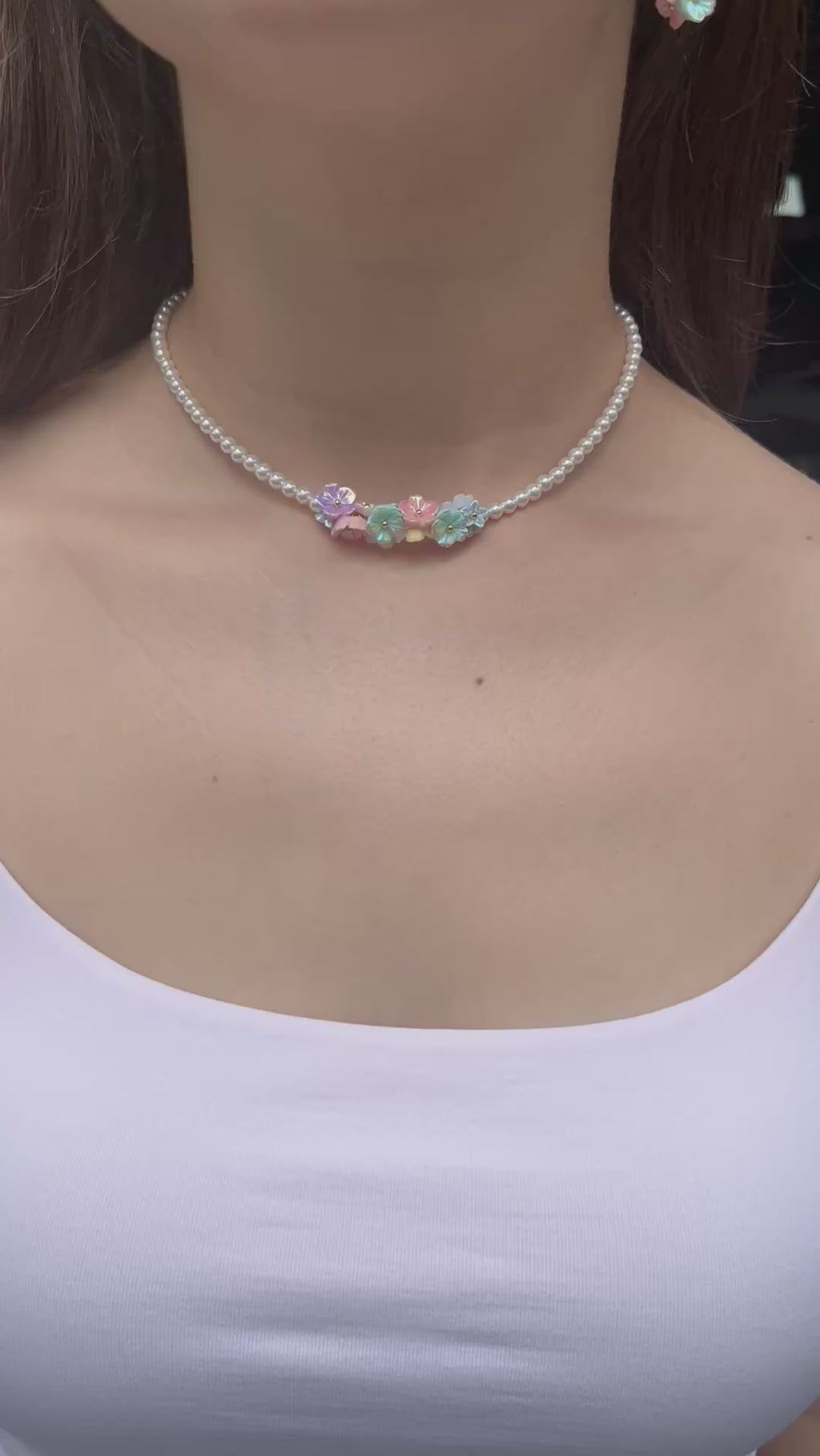 Pearl Flowers Choker Necklace with earrings : 18K Gold Plated
