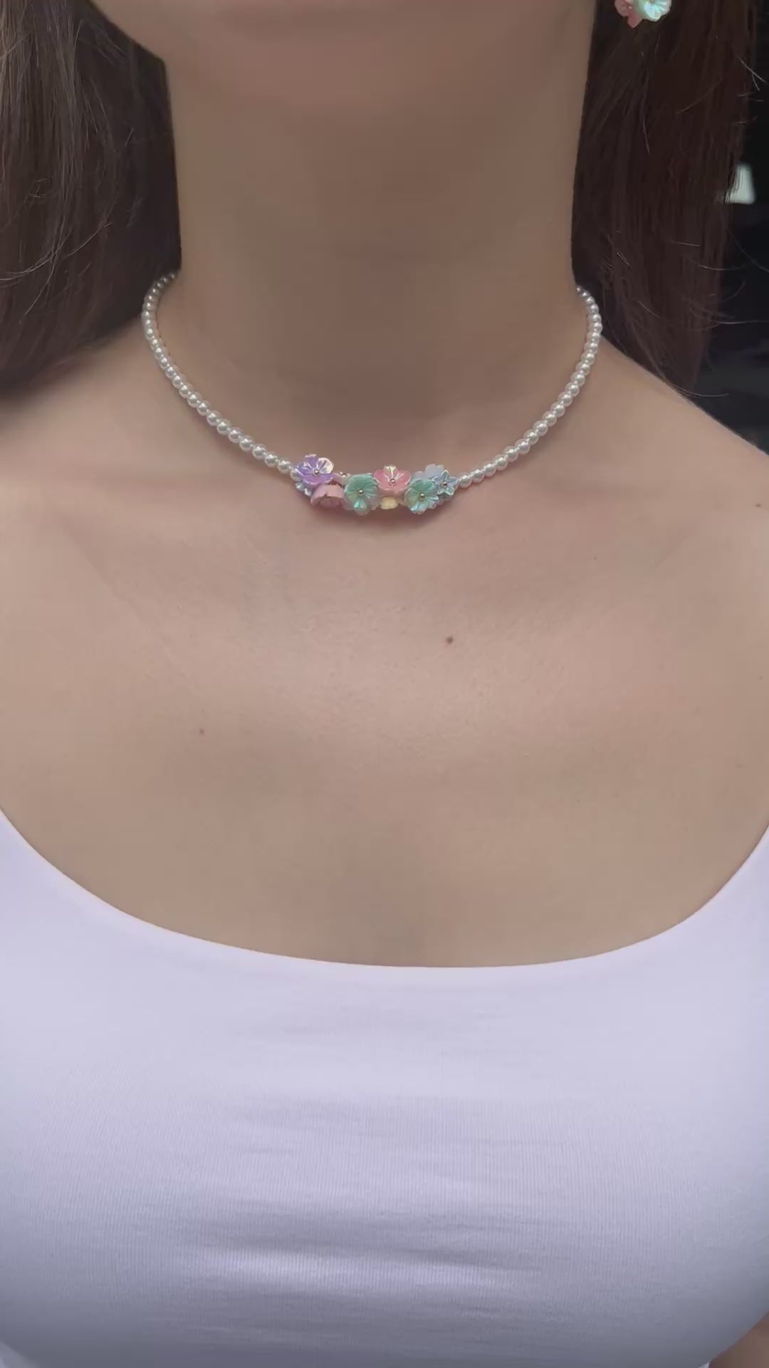 Pearl Flowers Choker Necklace with earrings : 18K Gold Plated