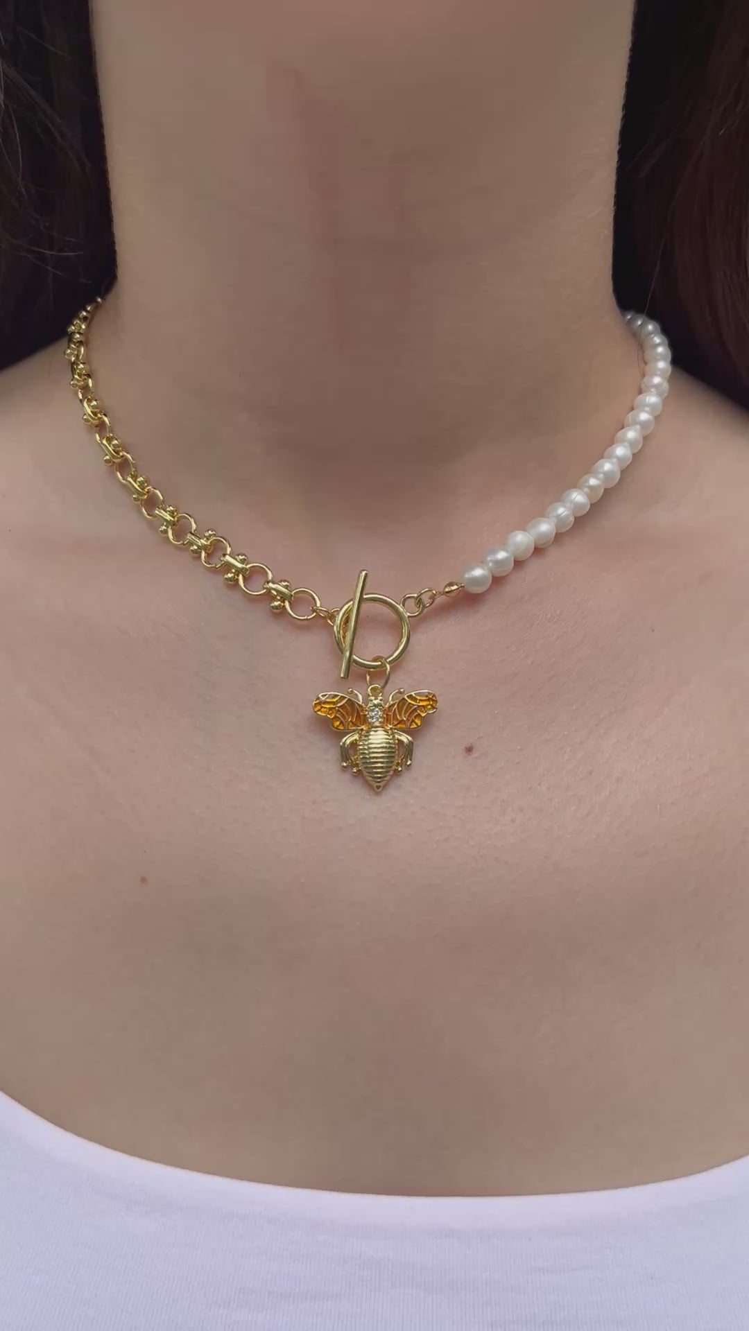 Asymmetrical Pearl Necklace with Bee Pendant, 18K Gold Plated Chain